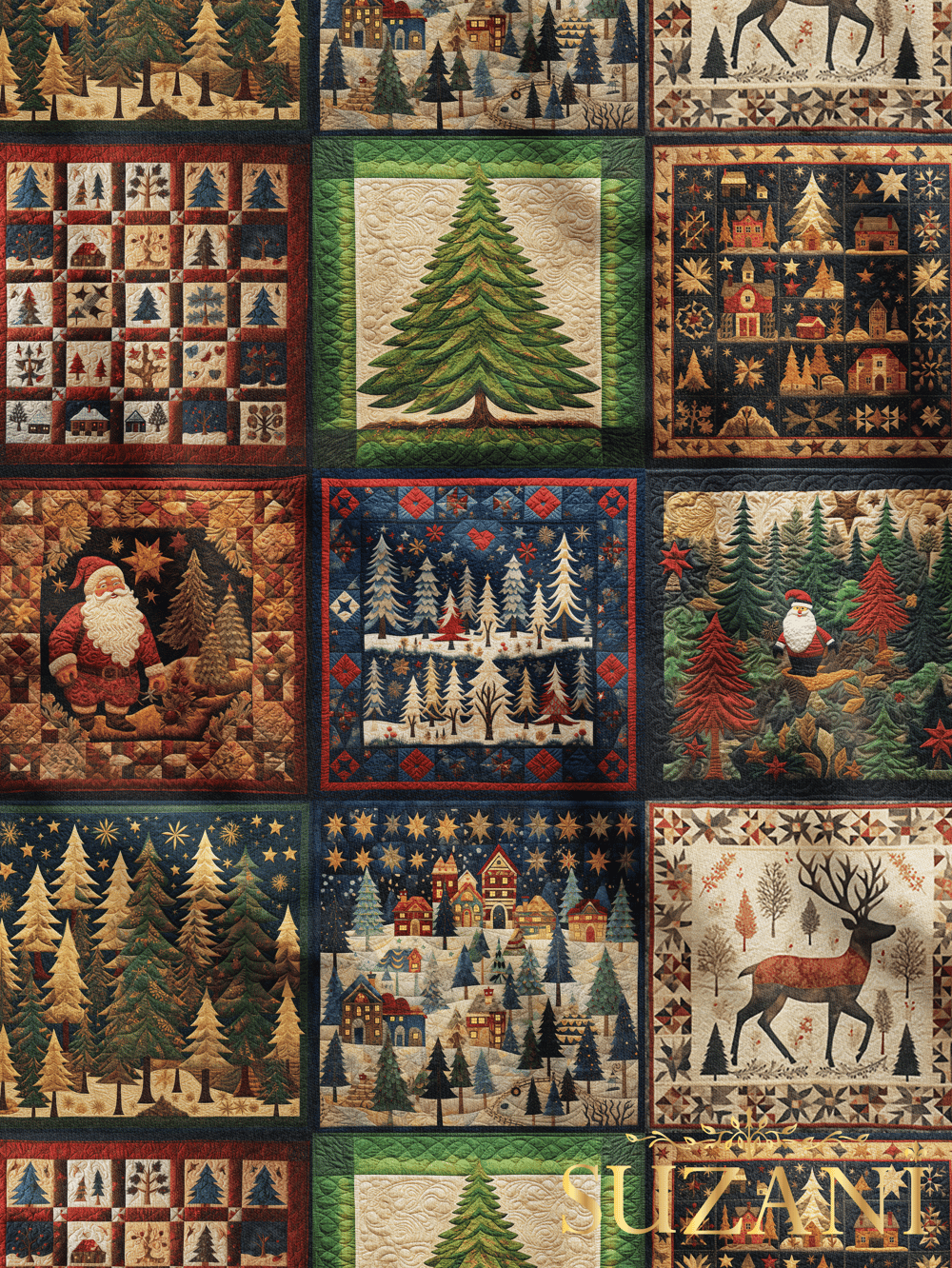 Yılbaşı Ağacı Patchwork Desenli Dijital Baskılı Kumaş