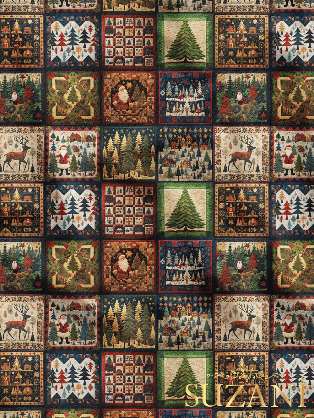 Yılbaşı Ağacı Patchwork Desenli Dijital Baskılı Kumaş