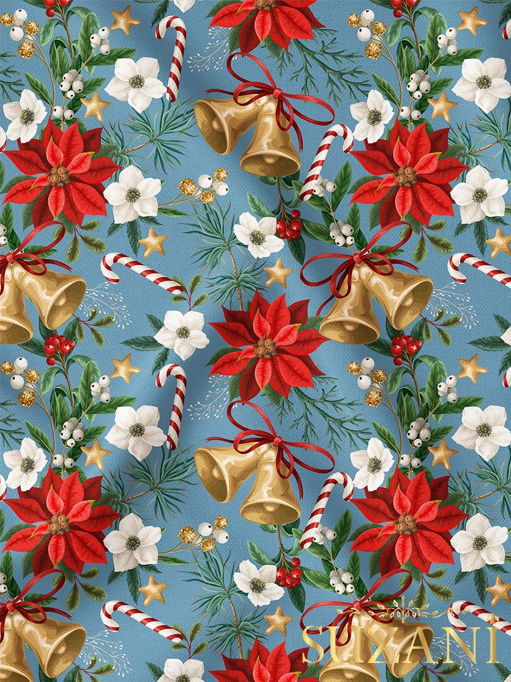 Yılbaşı Çan Desenli Dijital Baskılı Kumaş