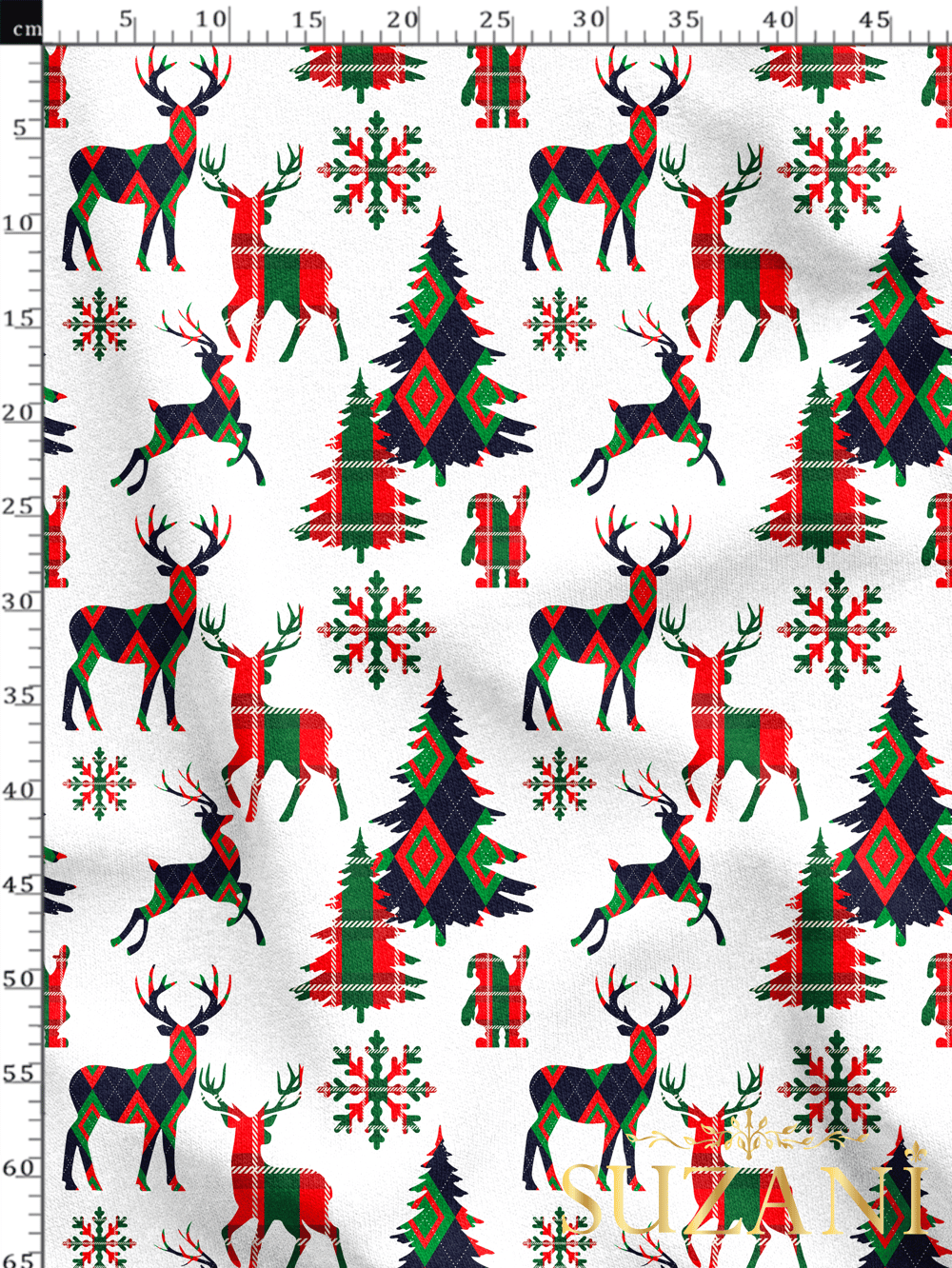 Yılbaşı Ekose Geyik Desenli Dijital Baskılı Kumaş