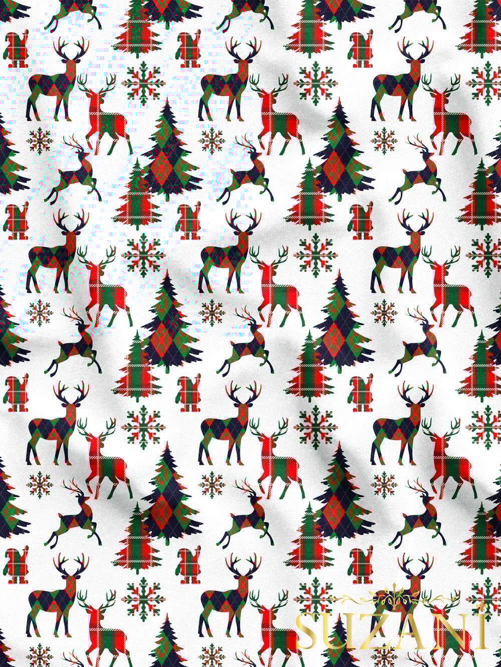 Yılbaşı Ekose Geyik Desenli Dijital Baskılı Kumaş