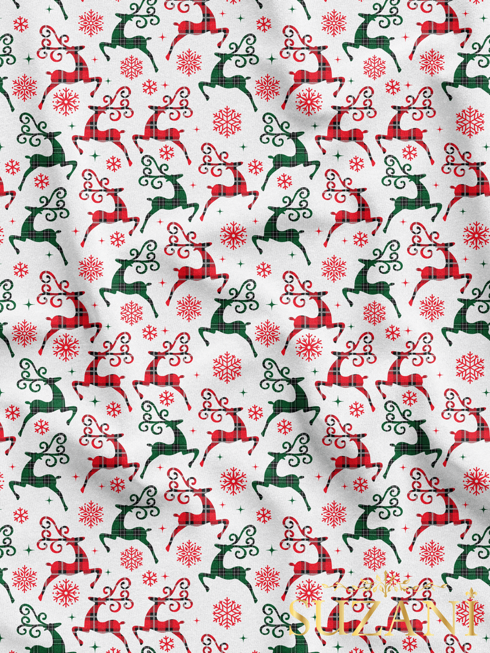 Yılbaşı Ekose Geyik Desenli Dijital Baskılı Kumaş