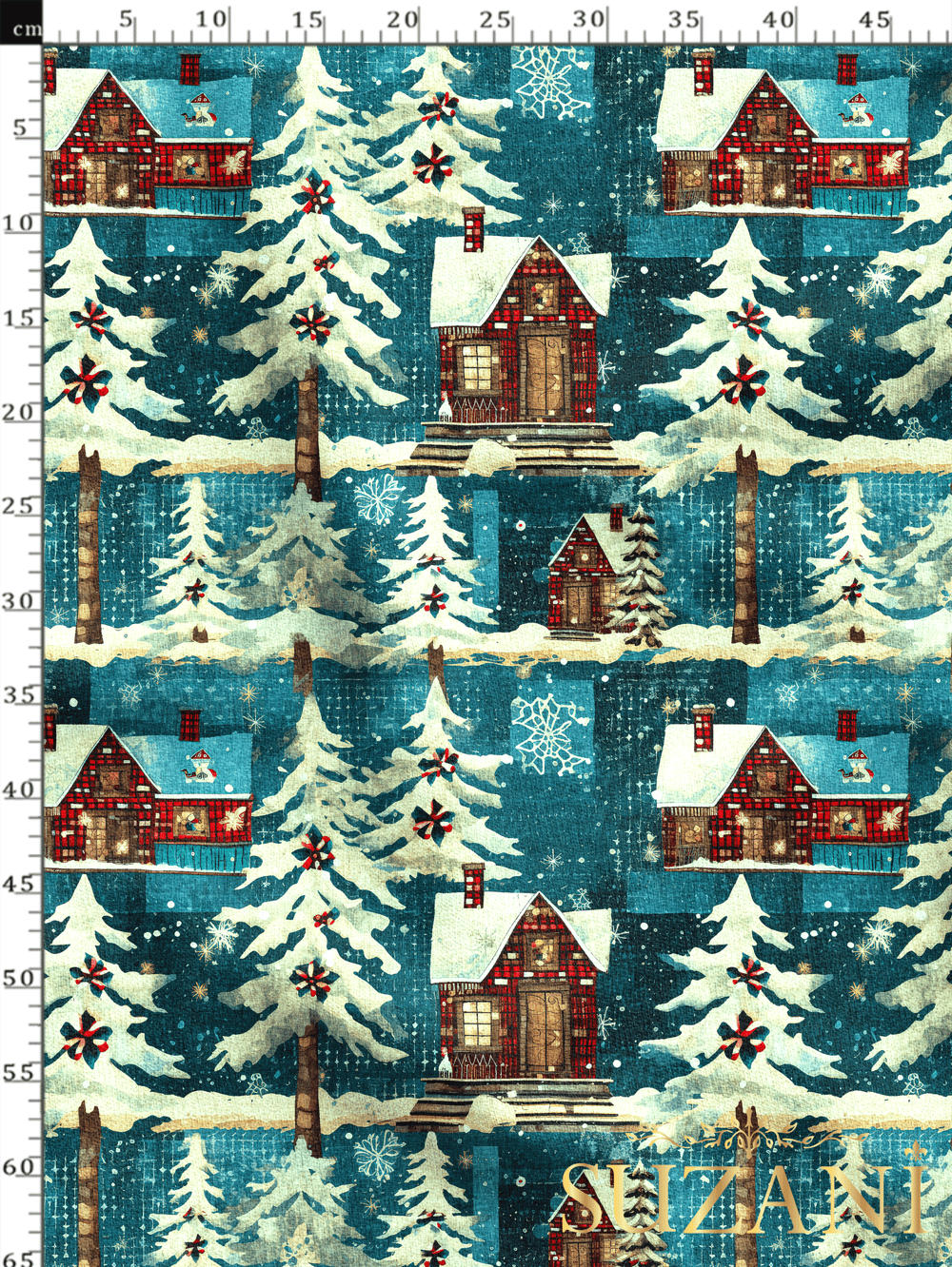 Yılbaşı Noel Kır Evleri Desenli Dijital Baskılı Kumaş