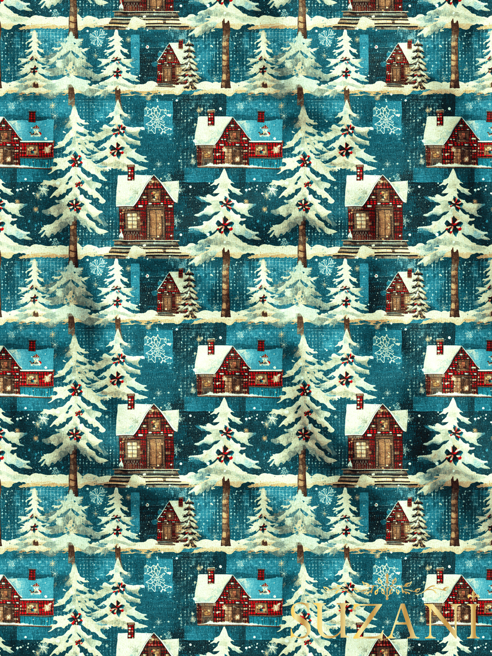 Yılbaşı Noel Kır Evleri Desenli Dijital Baskılı Kumaş
