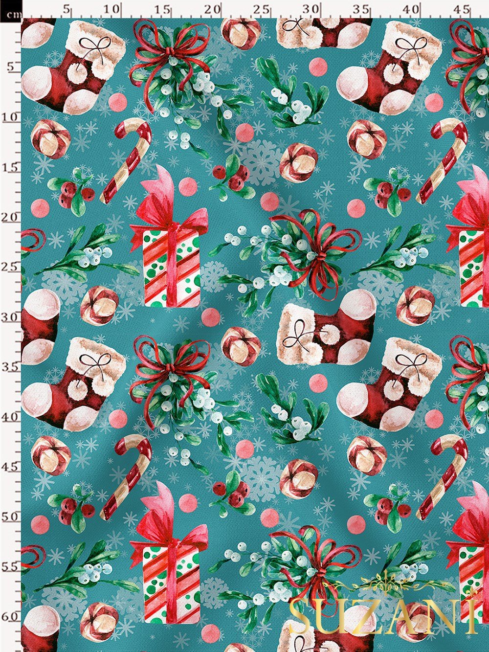 Yılbaşı Süsleri Desenli Dijital Baskılı Kumaş