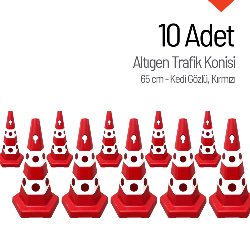 10 Adet Kedi Gözlü Altıgen Ağırlıklı Trafik Konisi 65 cm 
