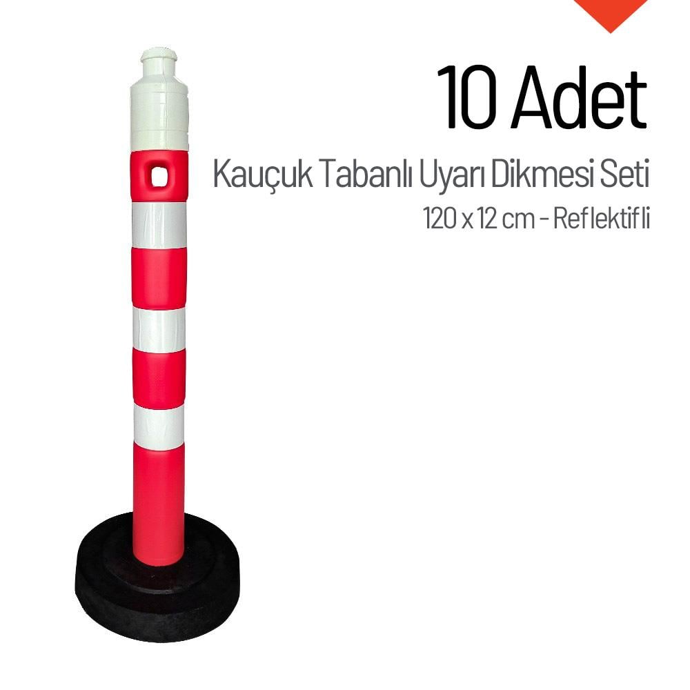 10lu Kauçuk Ağırlıklı Kırmızı Uyarı Dikmesi, 3 Reflektifli - 120 x 12 cm