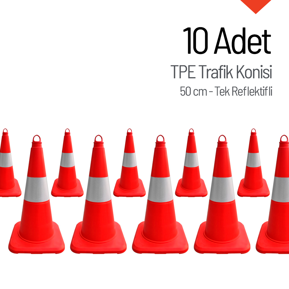 10lu TPE Trafik Konisi Seti 50 cm Tek Reflektifli Trafik Dubası