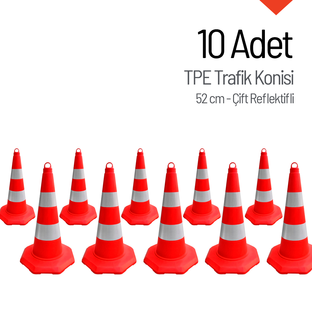 10lu TPE Trafik Konisi Seti 52 cm Çift Reflektifli - Ağırlıksız Trafik Dubası