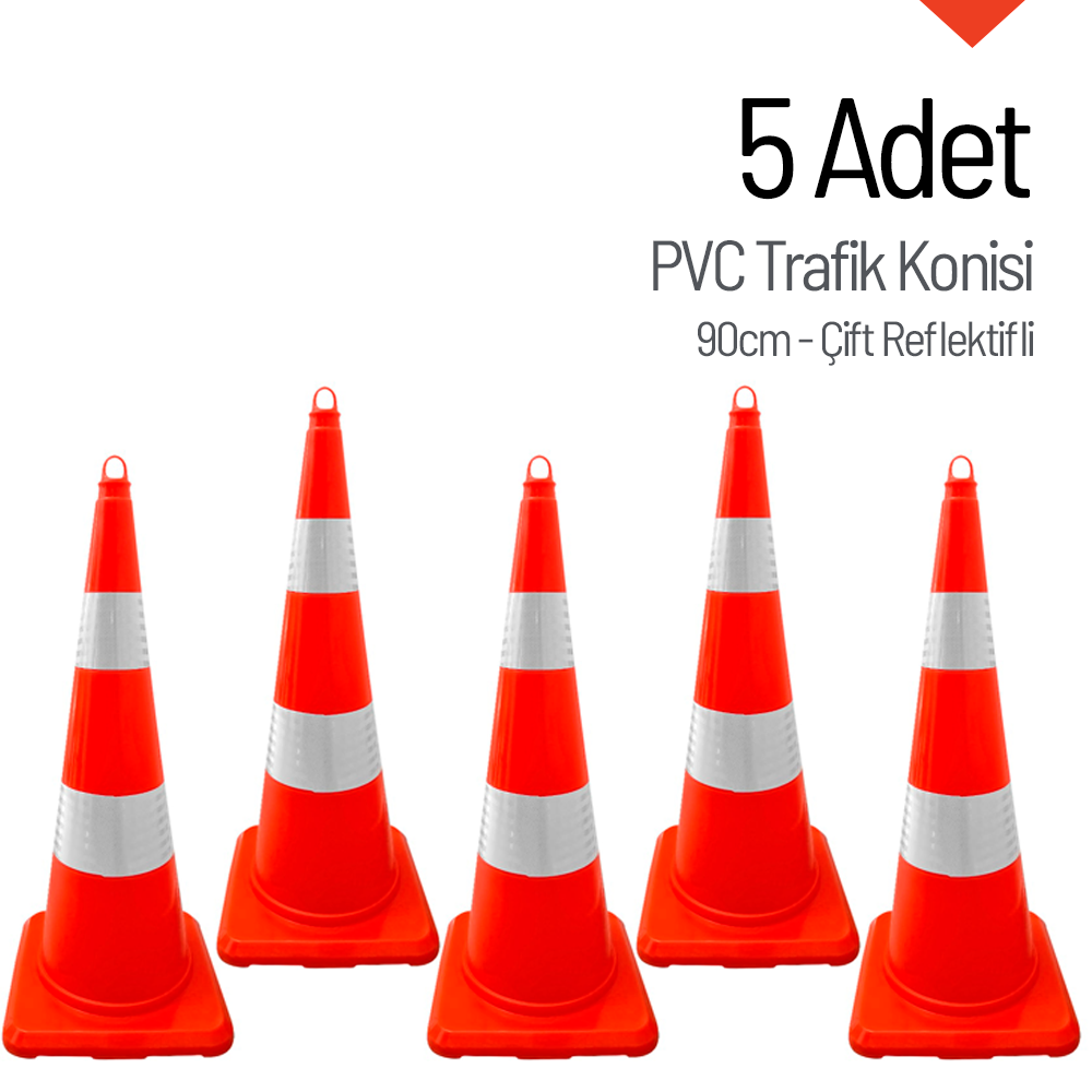 5 Adet PVC Trafik Konisi 90 cm Çift Reflektifli - Ağırlıksız Trafik Dubası
