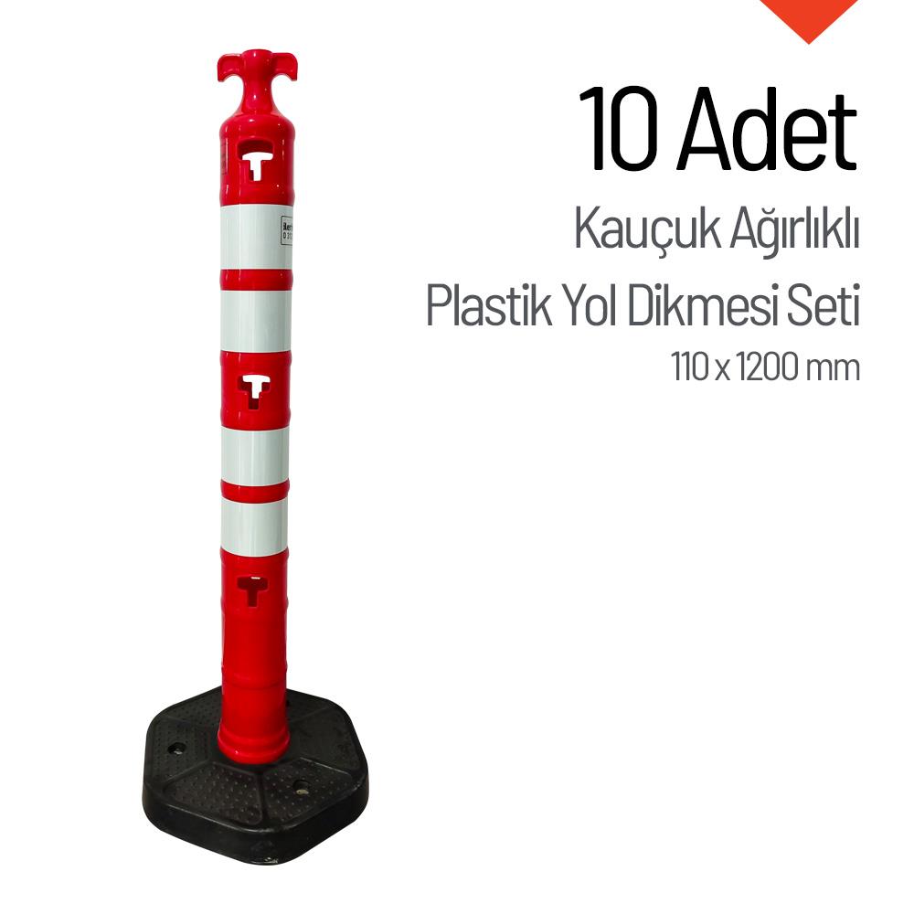 10lu Kauçuk Tabanlı Kırmızı Uyarı Dikmesi, 4 Reflektifli - 120 x 11 cm