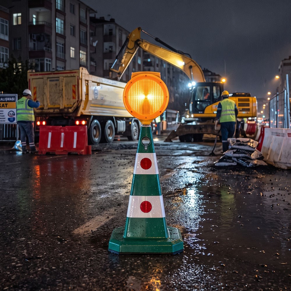 Yuvarlak Solar Sarı Flaşörlü Yeşil Trafik Konisi Seti