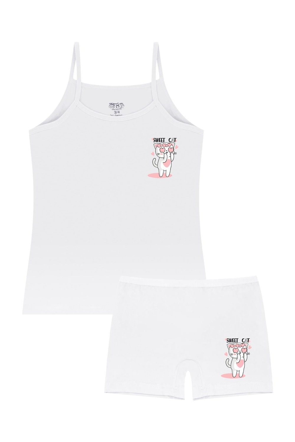 Öts Kız Çocuk Atlet Boxer Likralı Beyaz Kedi (%96 Pamuk - %4 Elastan)