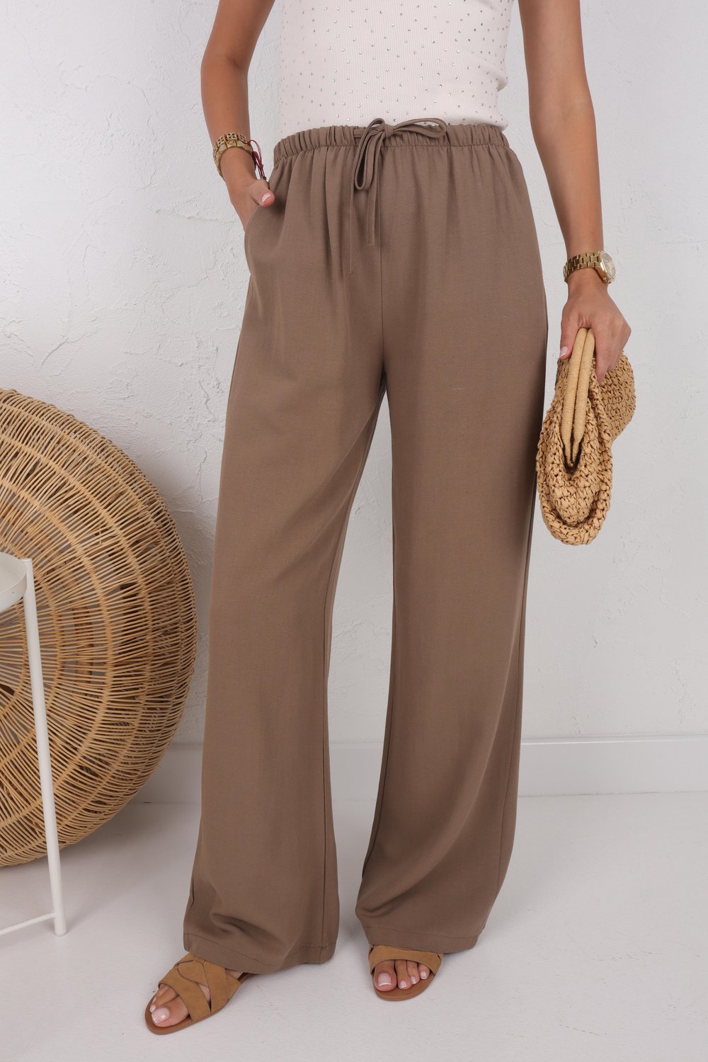 Beli Bağcıklı Kahve Keten Pantolon