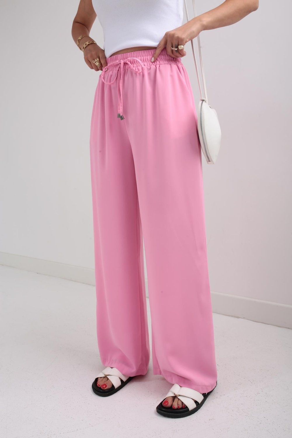 Beli Lastikli Bağcıklı Pembe Geniş Kesim Pantolon