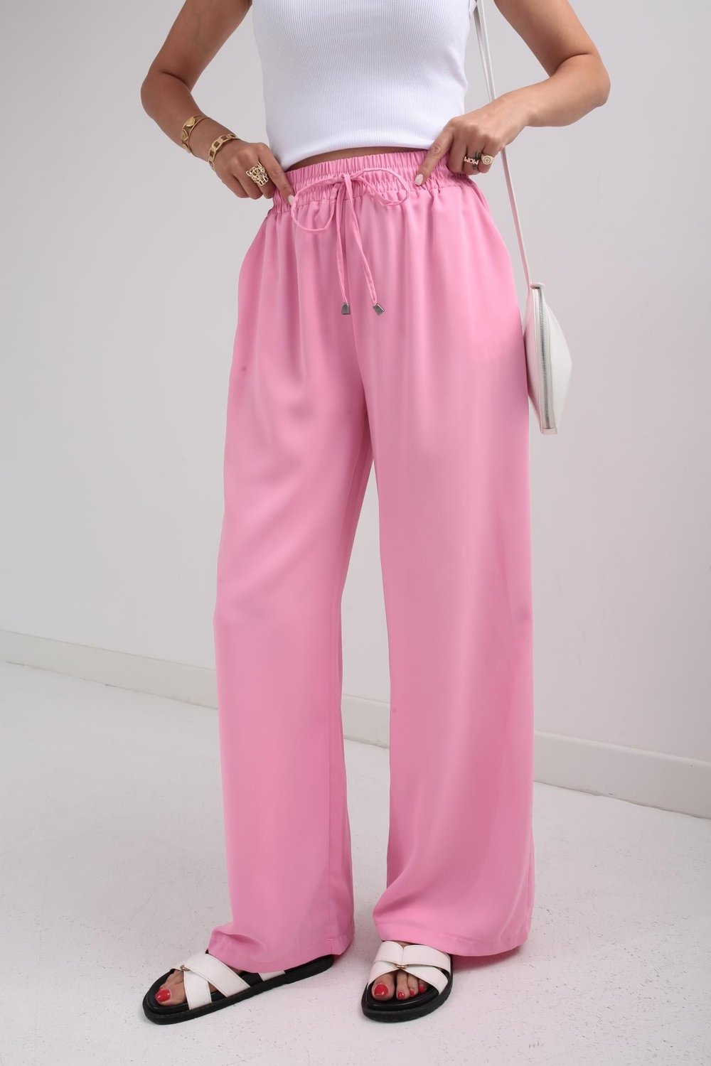 Beli Lastikli Bağcıklı Pembe Geniş Kesim Pantolon