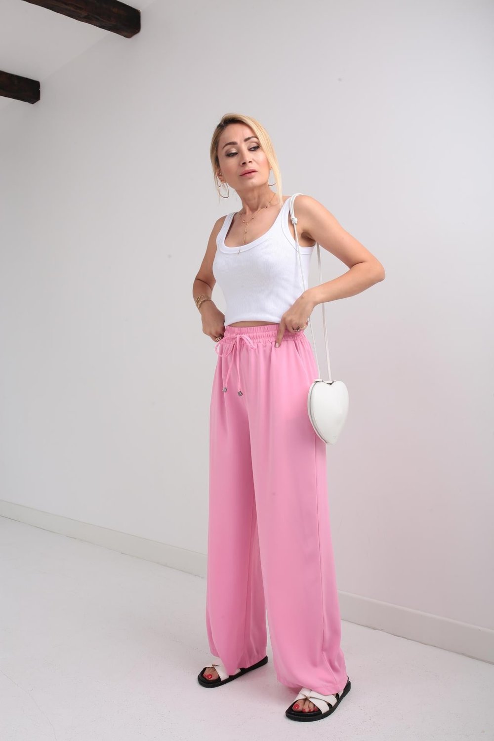 Beli Lastikli Bağcıklı Pembe Geniş Kesim Pantolon
