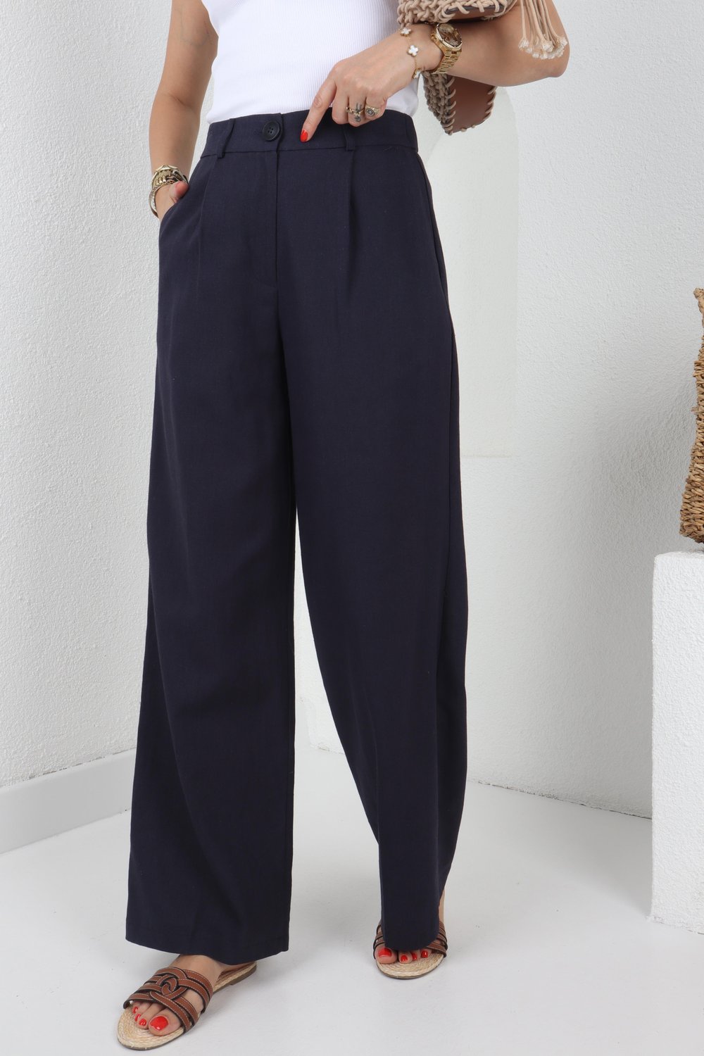 Beli Lastikli Bol Paça Lacivert Keten Pantolon