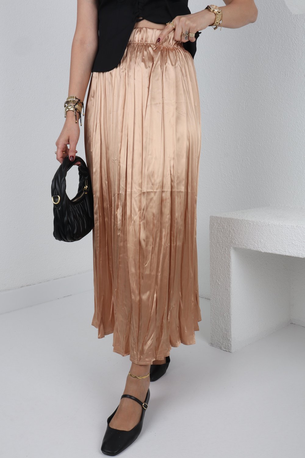 Beli Lastikli Pileli Camel Saten Etek