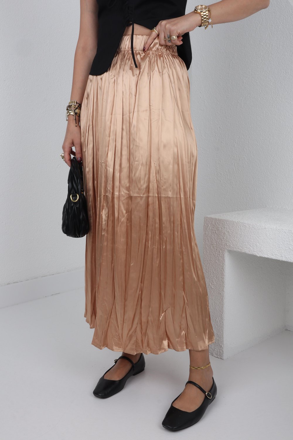 Beli Lastikli Pileli Camel Saten Etek