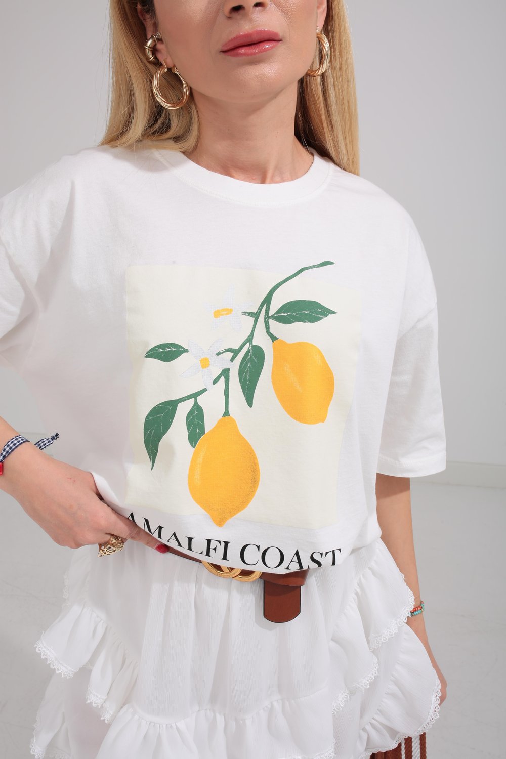 Beyaz Limon Baskılı Basic Tshirt