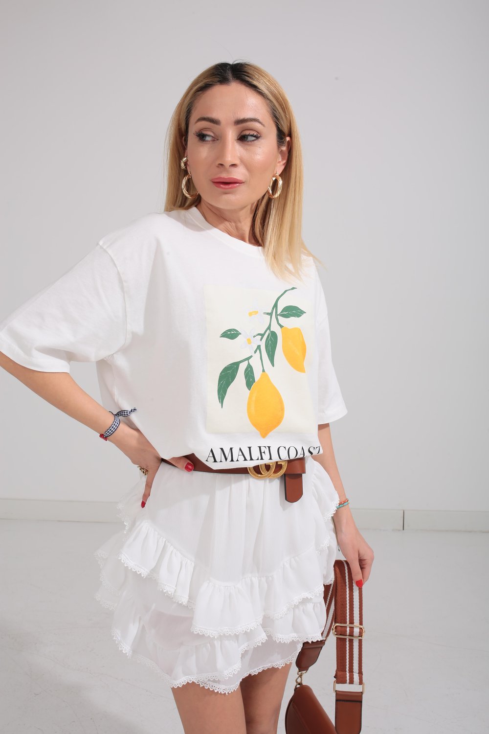 Beyaz Limon Baskılı Basic Tshirt