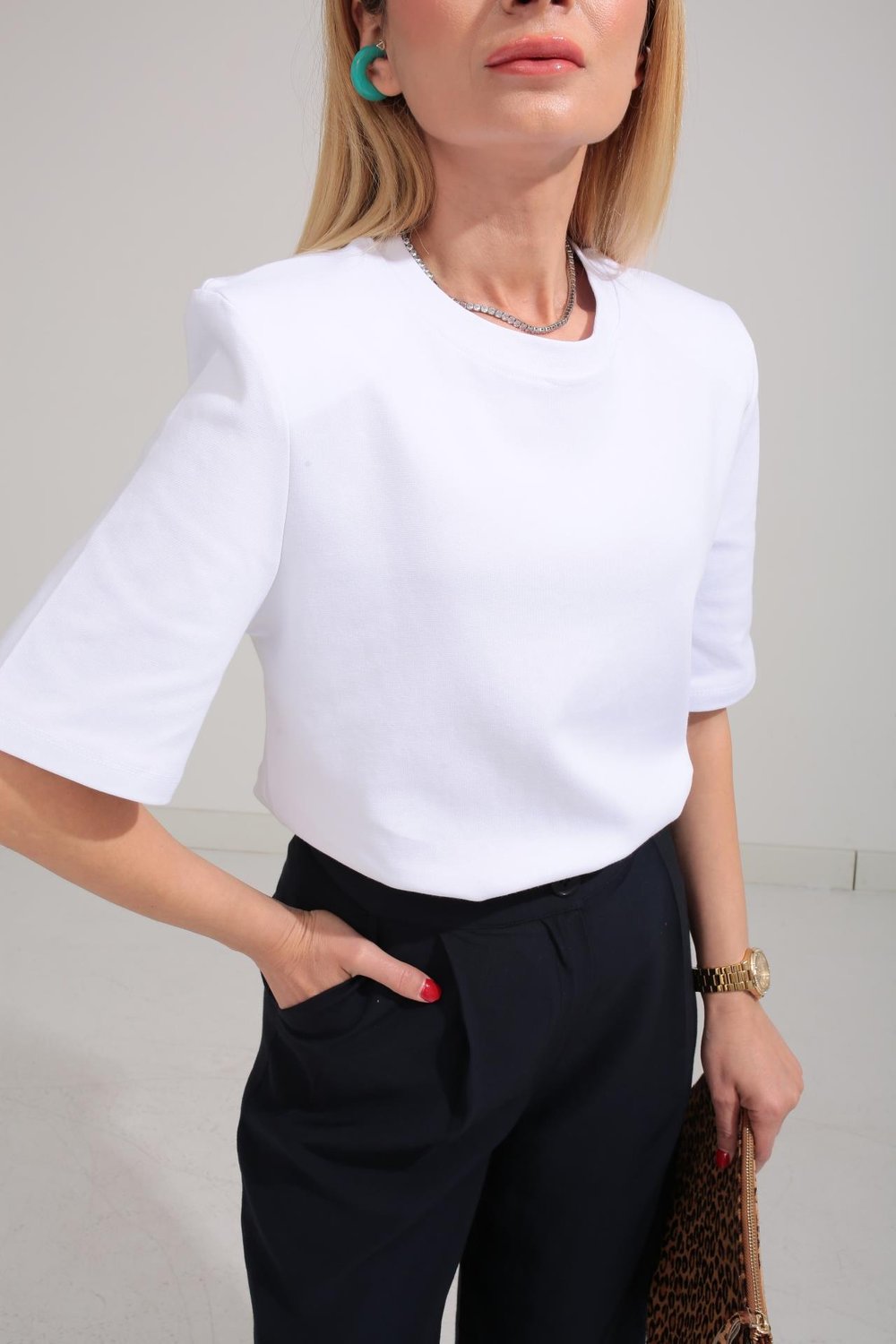 Beyaz Vatkalı Basic Tshirt