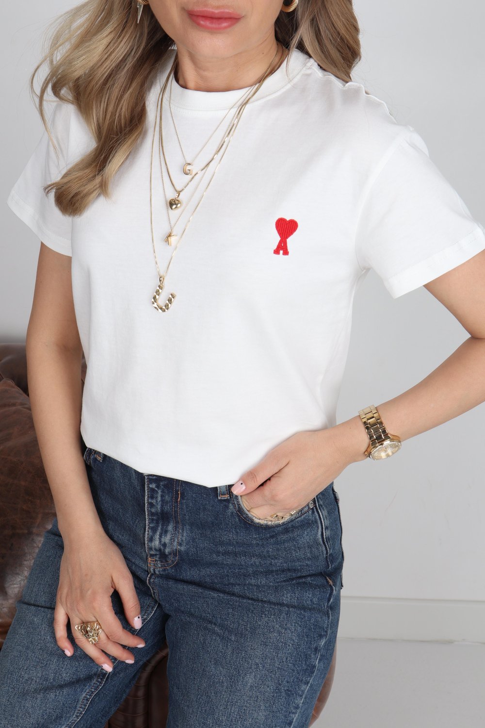 Bisiklet Yaka As Nakışlı Beyaz Tshirt