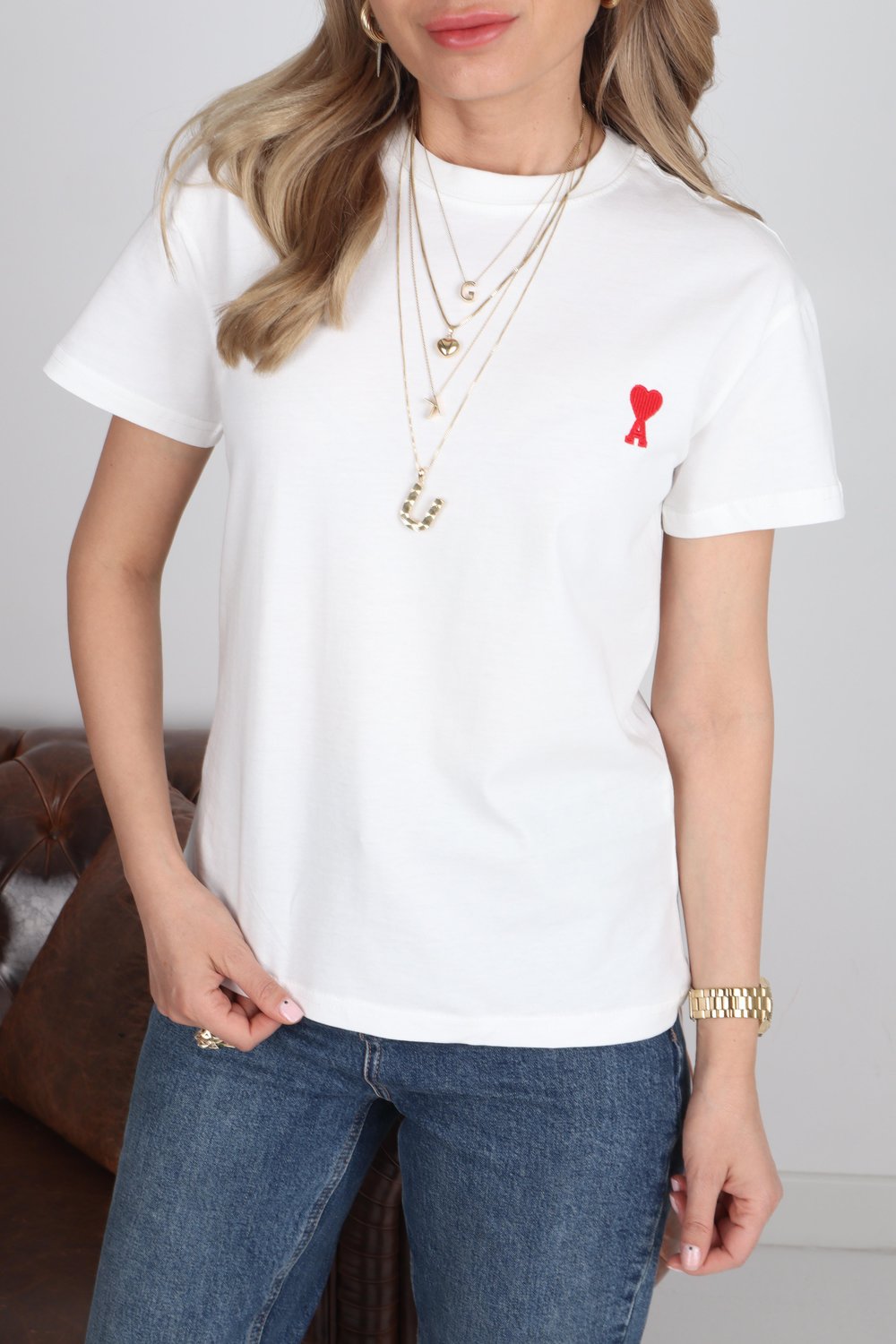 Bisiklet Yaka As Nakışlı Beyaz Tshirt
