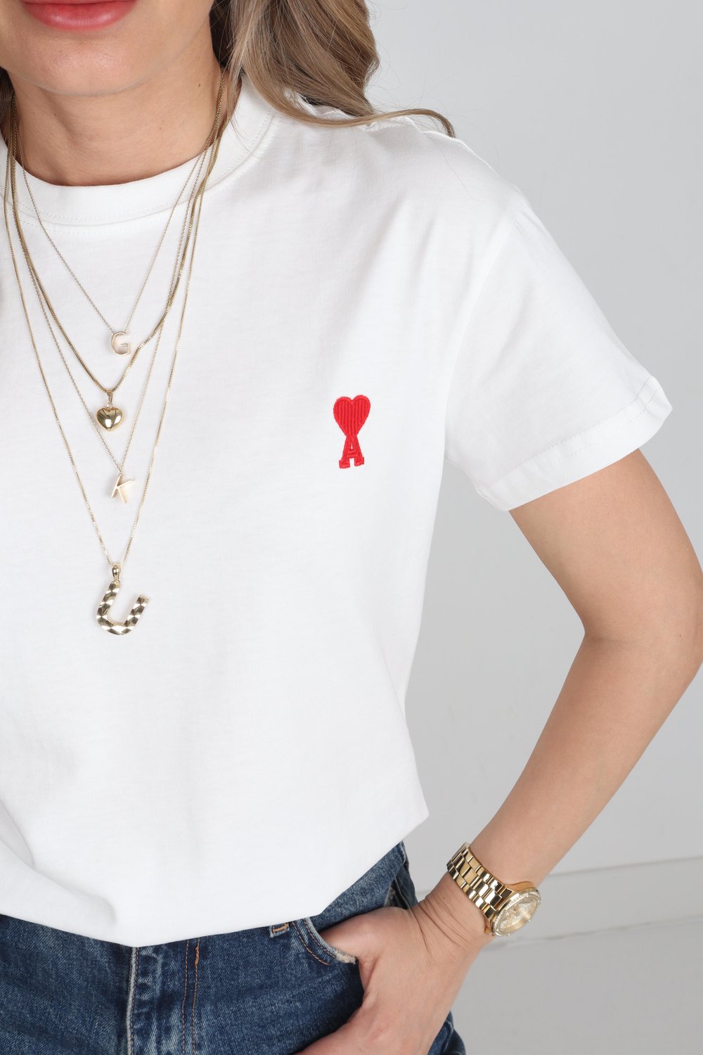 Bisiklet Yaka As Nakışlı Beyaz Tshirt