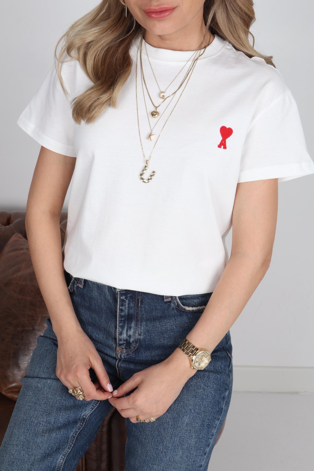 Bisiklet Yaka As Nakışlı Beyaz Tshirt