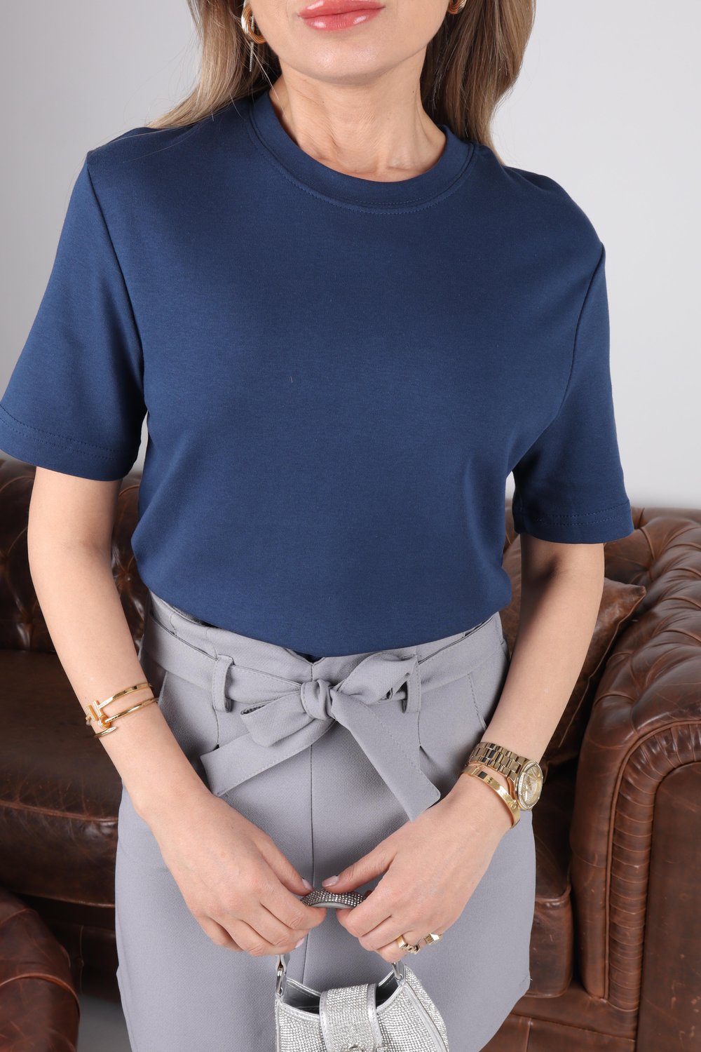 Bisiklet Yaka Lacivert Basic Tshirt