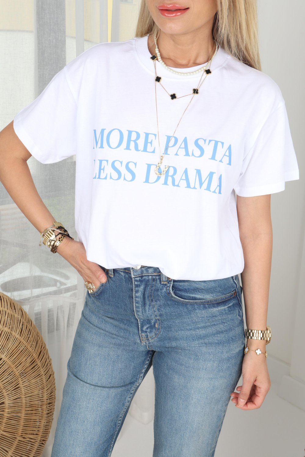 Bisiklet Yaka Mavi Yazı Baskılı Tshirt