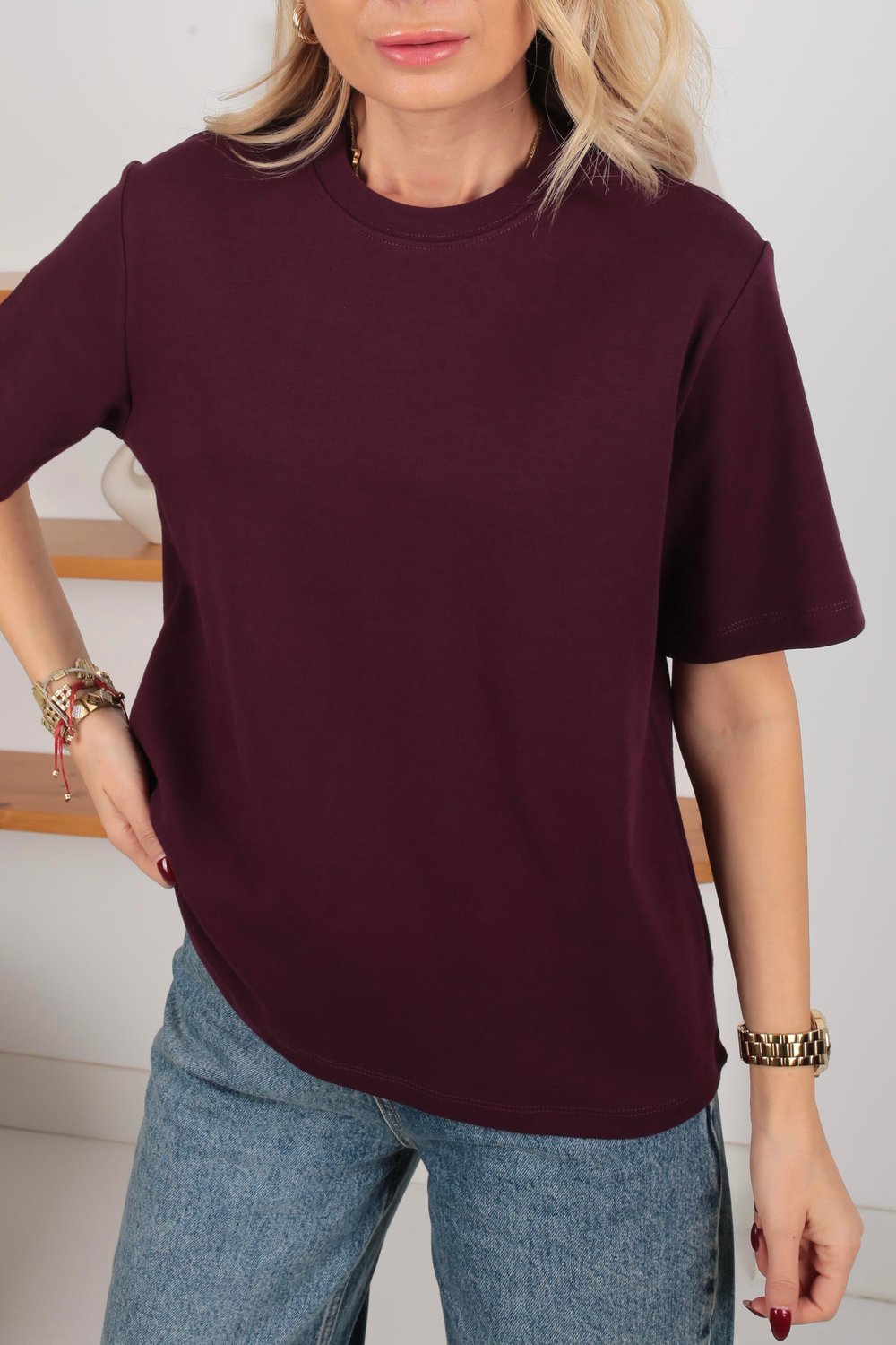 Bisiklet Yaka Mürdüm Basic Tshirt