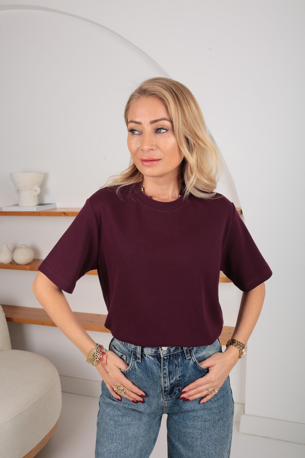 Bisiklet Yaka Mürdüm Basic Tshirt