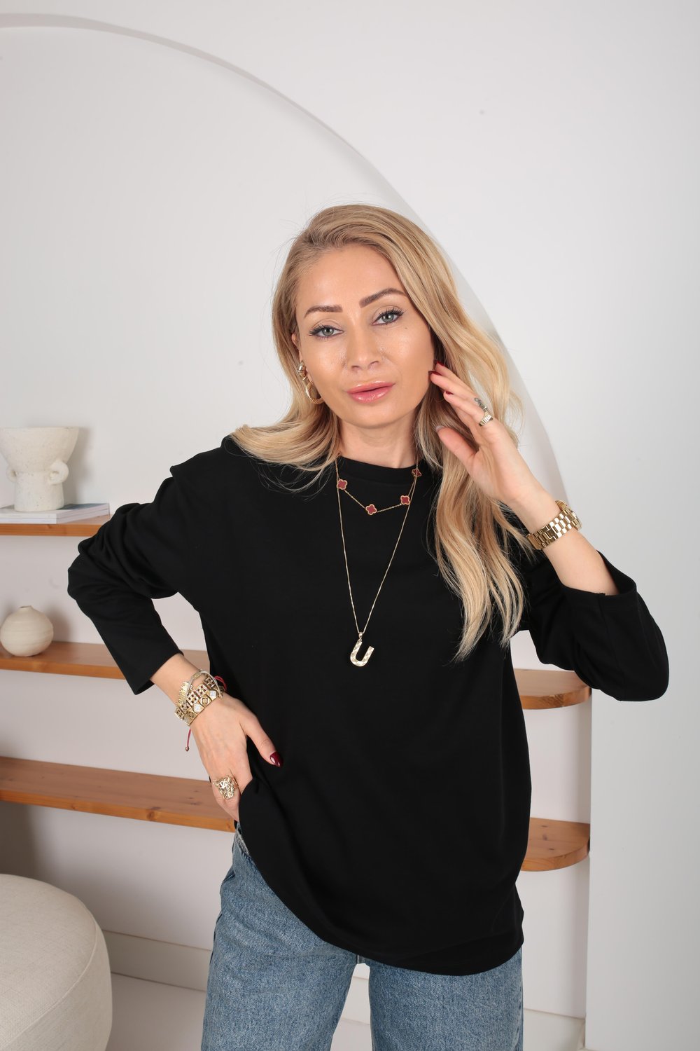 Bisiklet Yaka siyah Oversize İnce Sweatshirt
