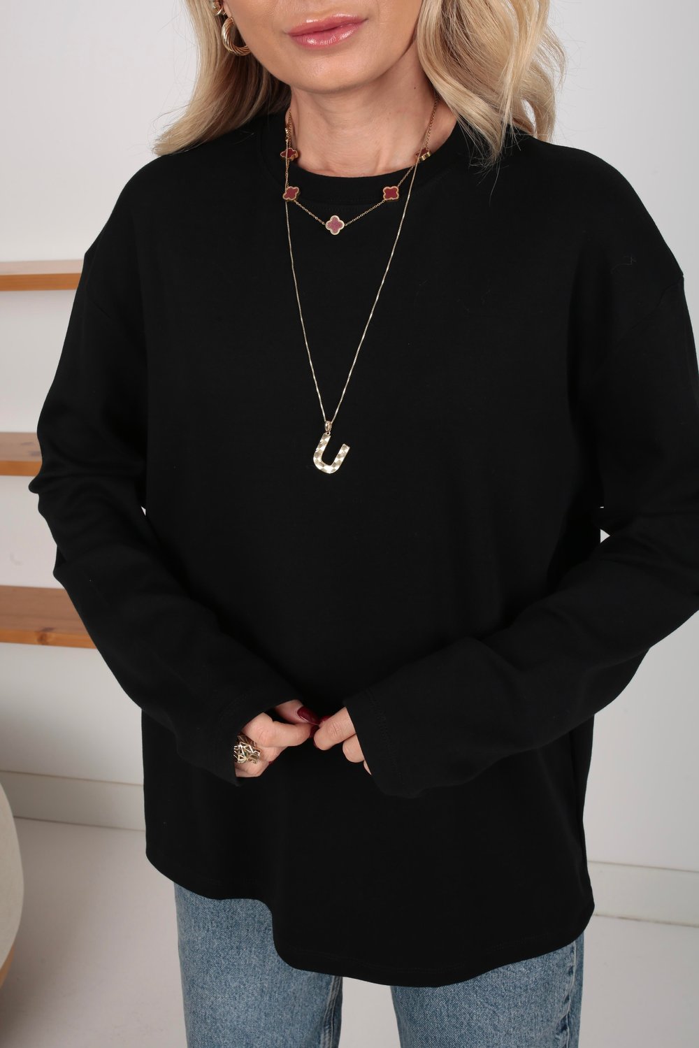 Bisiklet Yaka siyah Oversize İnce Sweatshirt