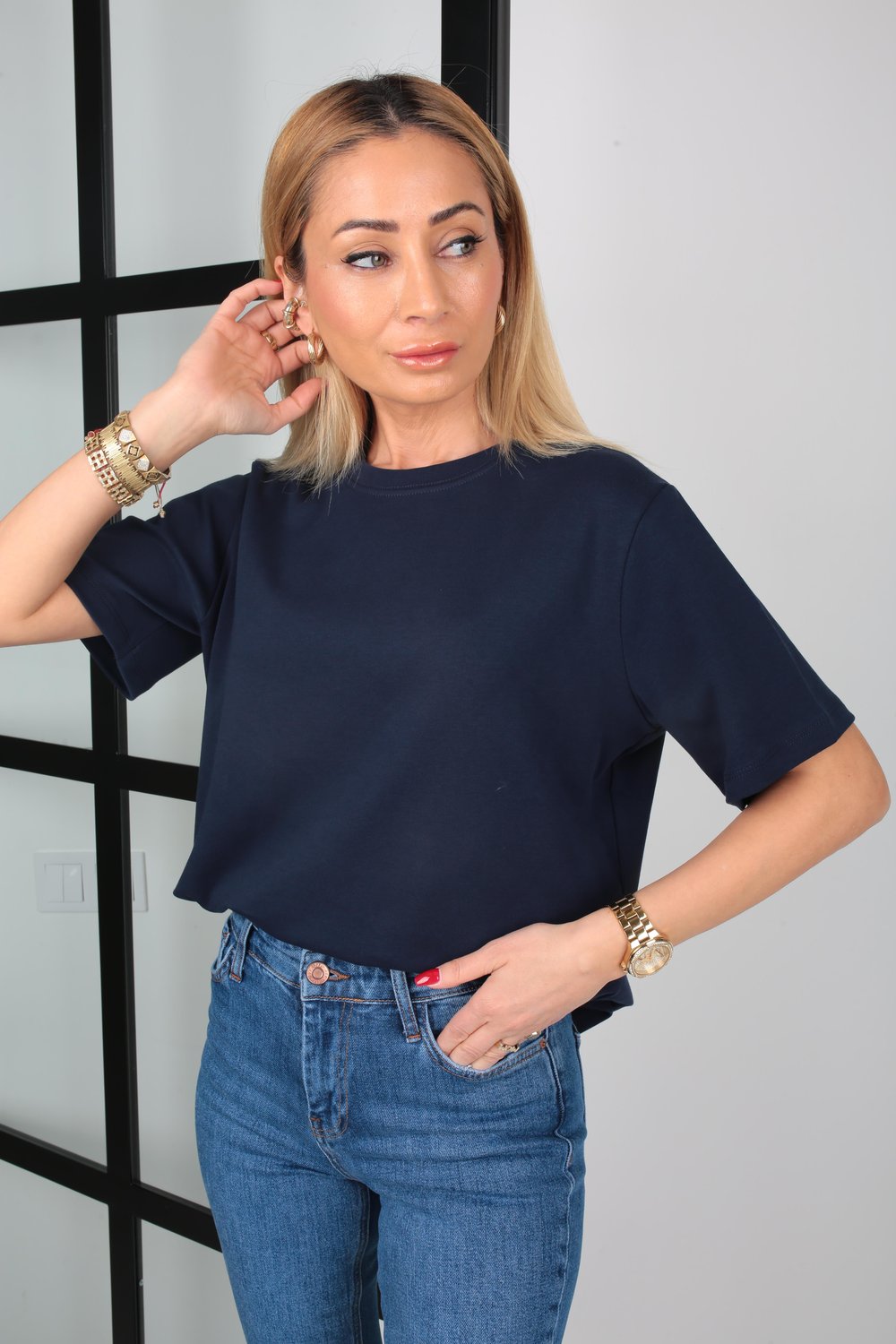 Bisikley Yaka Lacivert Basic Tshirt
