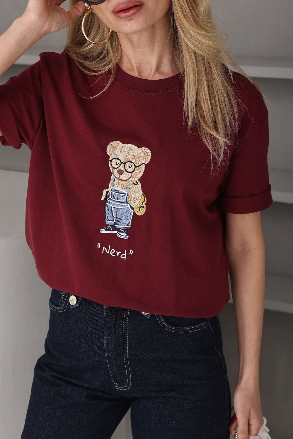 Bordo Ayıcık Nakışlı Basic Tshirt