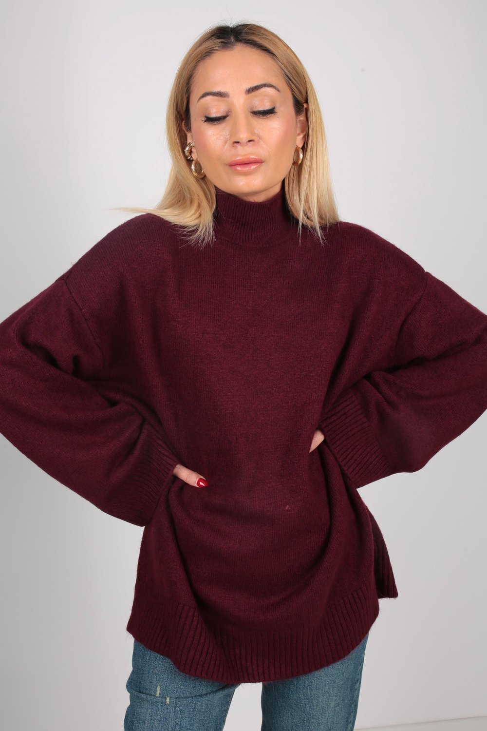 Bordo Dik Yaka Oversize Kazak
