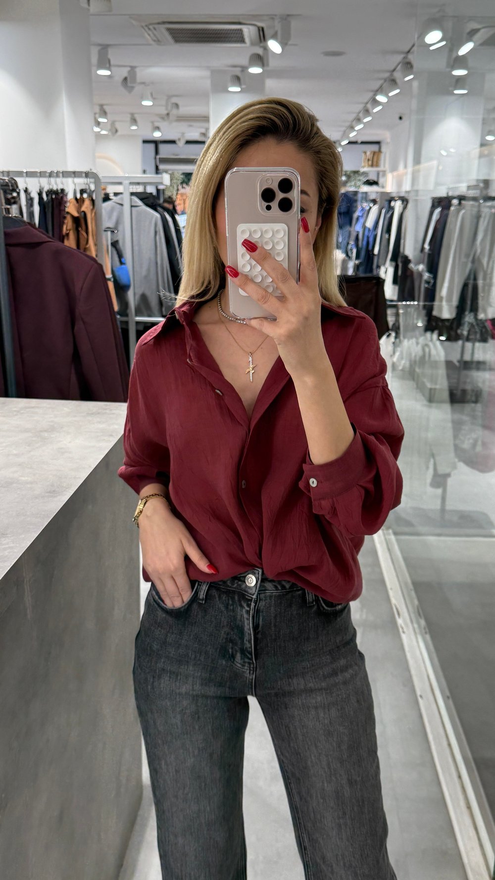 Bordo Kırışık Oversize Gömlek