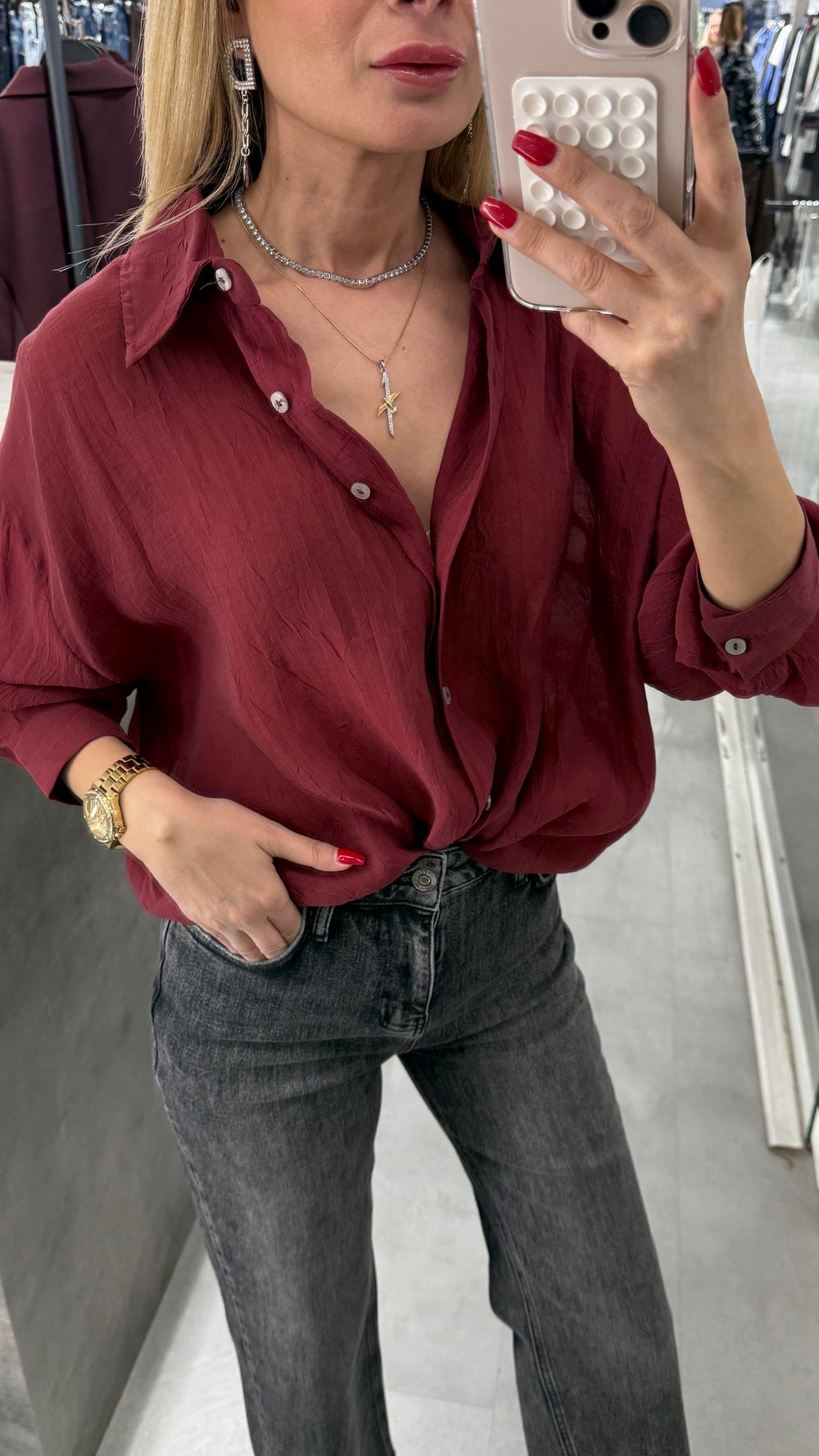 Bordo Kırışık Oversize Gömlek