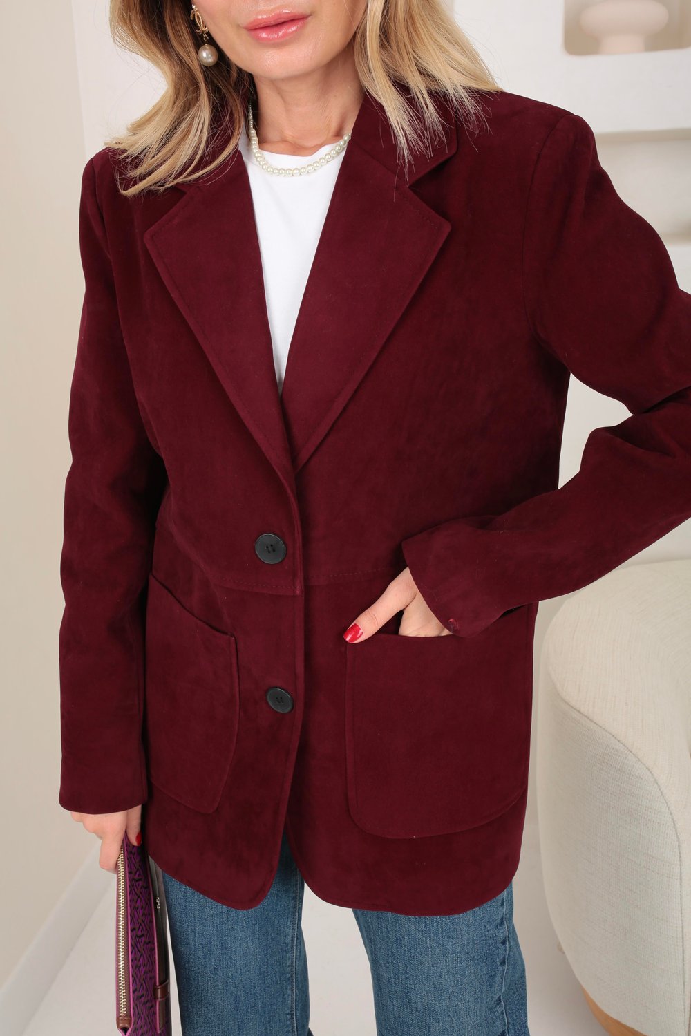 Büyük Cepli Bordo Süet Blazer Ceket