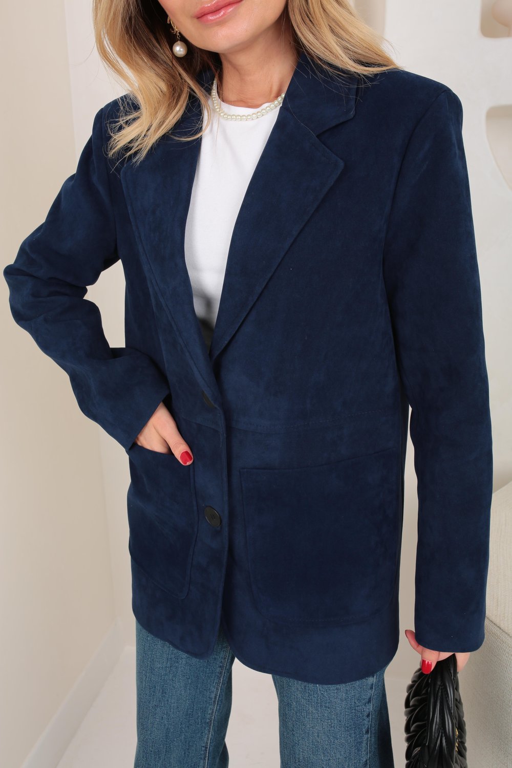 Büyük Cepli Lacivert Süet Blazer Ceket