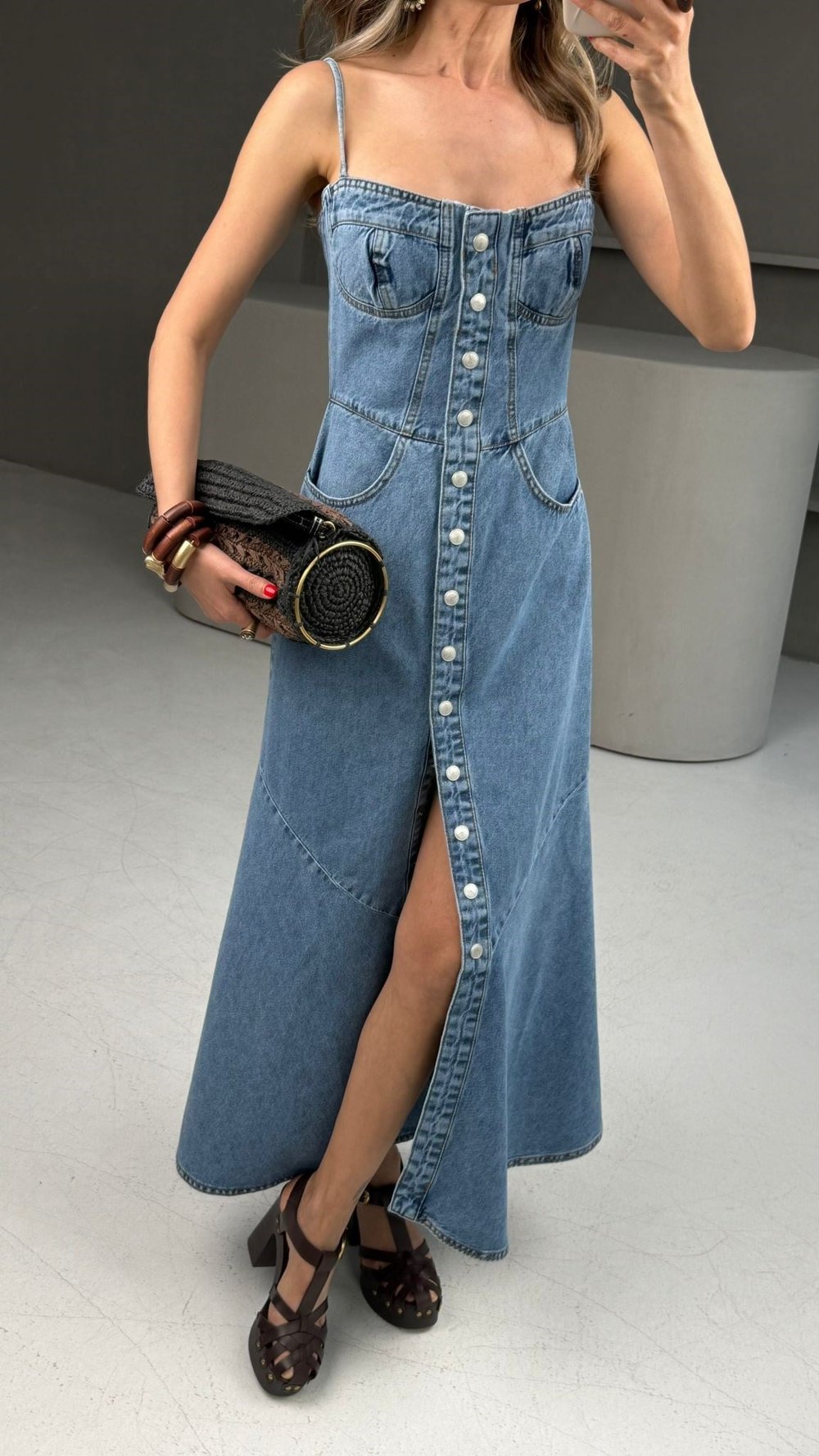 Buz Mavi Askılı Denim Elbise