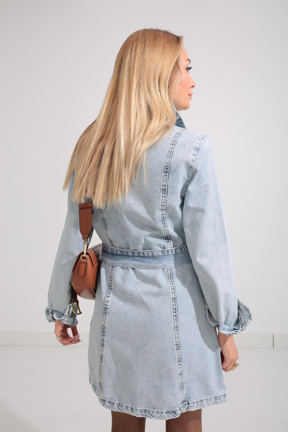 Buz Mavi Kemerli Denim Elbise
