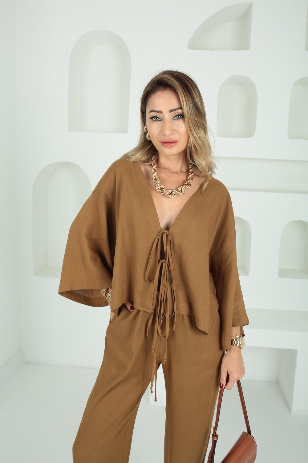 Camel Bağcıklı Kapri Kol Keten Takım