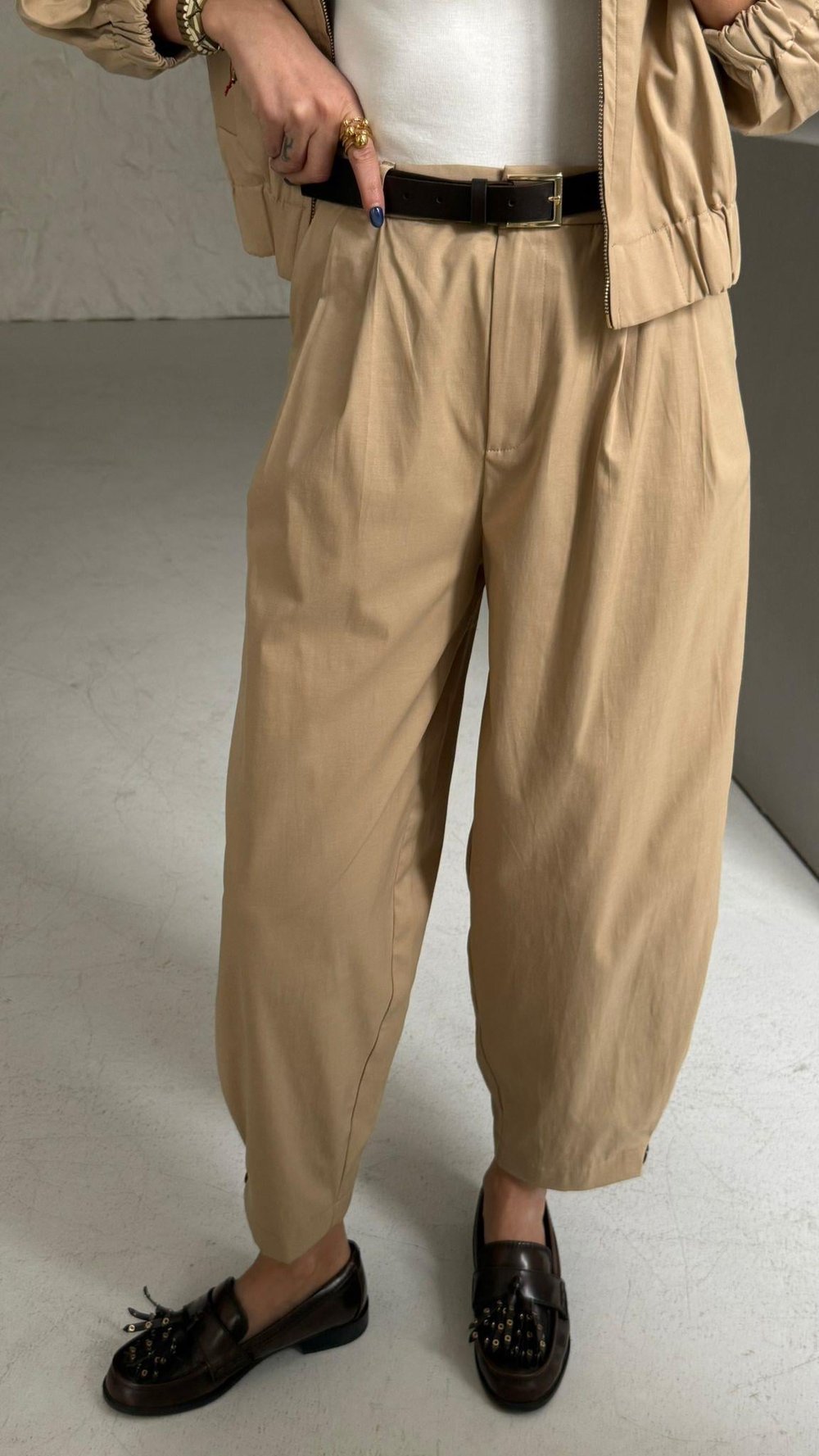 Camel Gabardin Kemerli Pantolon