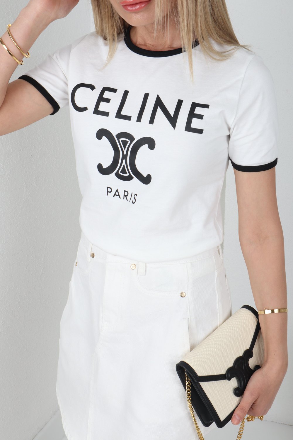 Celine Baskıılı Ekru Basic Tshirt