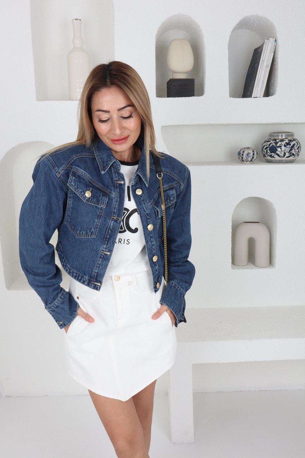 Celine Baskıılı Ekru Basic Tshirt